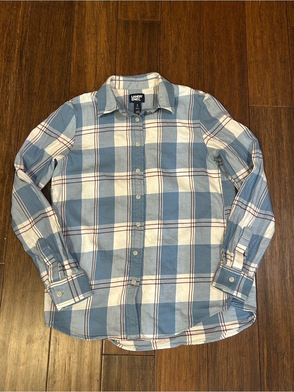 Lands' End Blue Plaid Button-Down Shirt - Classic Casual Flannel Long Sleeve Sm